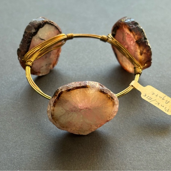 Gold Wire Wrapped Pink & Black Agate Bangle Bracelet | 62g - Picture 6 of 8